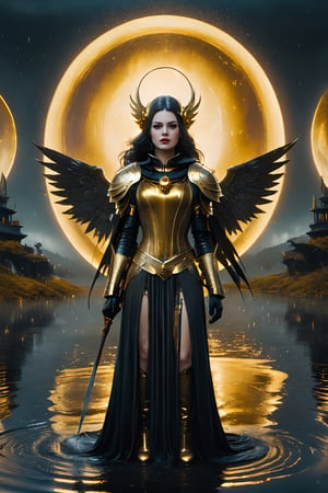 Extremely Realistic, photograph in the style of Esao Andrews, a lake, rain, teardrop makeup, full body photograph, battle, war, Sylvanas Windrunner, nier-automata, battle stance, elven archangel, ((cosmic golden glowing eyes)), (((glowing halo))), eclipse, cosmic gold, black atmosphere, ((((beautiful patterns on the face)))), snow-white pale skin, black gold chrome., vintage polaroid aesthetic, grainy, noisy, gritty, grunge, 80s rock vibe. Extremely Realistic,photo r3al,r4w photo,vintagepaper,old style,Renaissance Sci-Fi Fantasy,James Gilleard, in the style of esao andrews