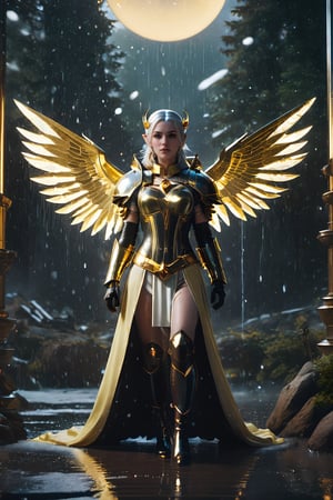 Extremely Realistic, photograph in the style of James Gilleard, a lake, rain, teardrop makeup, full body photograph, battle, war, Sylvanas Windrunner, nier-automata, battle stance, elven archangel, ((cosmic golden glowing eyes)), (((glowing halo))), eclipse, cosmic gold, black atmosphere, ((((beautiful patterns on the face)))), snow-white pale skin, black gold chrome., vintage polaroid aesthetic, grainy, noisy, gritty, grunge, 80s rock vibe. Extremely Realistic,photo r3al,r4w photo,vintagepaper,old style,Renaissance Sci-Fi Fantasy,James Gilleard
