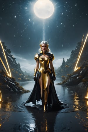 Extremely Realistic, photograph in the style of Rafal Olbinski, a lake, rain, teardrop makeup, full body photograph, battle, war, Sylvanas Windrunner, nier-automata, battle stance, elven archangel, ((cosmic golden glowing eyes)), (((glowing halo))), eclipse, cosmic gold, black atmosphere, ((((beautiful patterns on the face)))), snow-white pale skin, black gold chrome., vintage polaroid aesthetic, grainy, noisy, gritty, grunge, 80s rock vibe. Extremely Realistic,photo r3al,r4w photo,vintagepaper,old style,Renaissance Sci-Fi Fantasy
