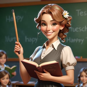 a female teacher standing in front of a blackboard in a classroom holding a book and a cane, smiling looking at the audience, at blackboard write text "HAPPY TEACHER DAY" text, bokeh, beautiful face!!!!, 2 7 years old, cg animation, lifelike, animated, realistic, character select portrait, by artgerm, greg rutkowski, alphonse mucha, 3 d, TEXT