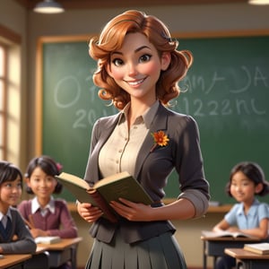 a female teacher standing in front of a blackboard in a classroom holding a book and a cane, smiling looking at the audience, bokeh, beautiful face!!!!, 2 7 years old, cg animation, lifelike, animated, realistic, character select portrait, by artgerm, greg rutkowski, alphonse mucha, 3 d
