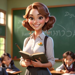 a female teacher standing in front of a blackboard in a classroom holding a book and a cane, smiling looking at the audience, at blackboard write text "HAPPY TEACHER DAY", bokeh, beautiful face!!!!, 2 7 years old, cg animation, lifelike, animated, realistic, character select portrait, by artgerm, greg rutkowski, alphonse mucha, 3 d