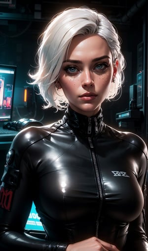 best quality, masterpiece, realistic, photorealism, photo, hdr, detailed, intricate, beautiful scenery, wonderful backround, (perfect face:1.3), cyberpunk, computer room, 1woman, white hair, bodysuit, leather jacket, upper body
