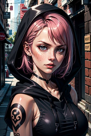 ((Masterpiece)), ((best quality)), ((masterpiece)), (detailed), 1girl, hoodie, arm tattoo, portrait, asymmetrical bangs, bandaid, short hair, bangs, breasts, freckles, grey eyes, large breasts, looking at viewer, neck tattoo, nose piercing, pink hair, solo, tattoo on face, upper body, detailed background, town, alley, dark alley, portrait, hood on head, night, angry, close up, closed mouth, ((masterpiece)), absurdres