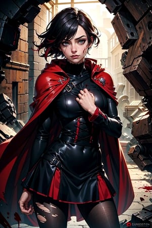 1girl, cowboy shot, solo, ruby rose, black dress, long sleeves, red cape, pantyhose, masterpiece, best quality, grey eyes, bleeding, injured, blood, holding arm, one eye open, pain, torn clothes, 
dungeon, cave, monsters,ruby rose
Detailed hands, detailed eyes