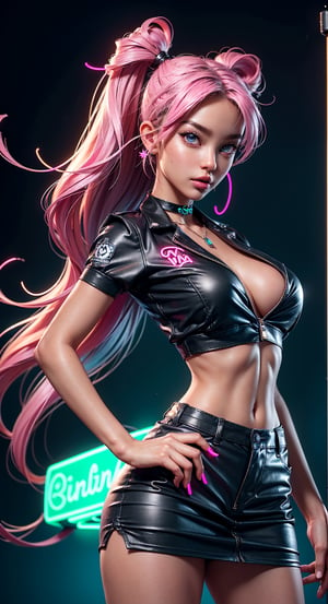 1girl, symmetrical face, beautiful face, perfect blue eyes, sparks, school_uniform, mini skirt, shirt button up, (female hair made of fine neon:1.5), (medium thin hair made of neon strands flowing down the body), (in a colorful candy world:1.2), gigantic breasts, cleavage, midriff, skinny, large hip, (sexy pose, dynamic pose), (strip club), ultra high resolution, 8k, HDr, art, high detail,pole_dancing, perfecteyes, detailed eyes, detailed face, bright face,3DMM