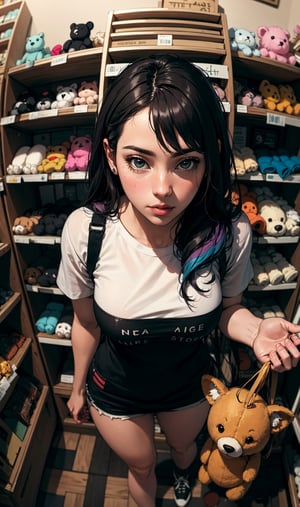 masterpiece, best quality, high detailed, colorful, from above, solo, realistic, girl standing in a store with lots of stuffed animals on the shelves and a bag of stuff, hazel eyes, fisheye lens