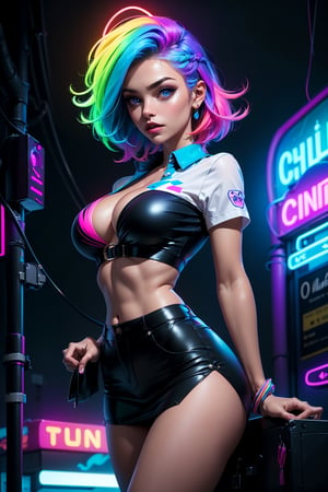 1girl, symmetrical face, beautiful face, perfect blue eyes, sparks, school_uniform, mini skirt, shirt button up, (female hair made of fine multicolored neon:1.5), (medium thin hair made of multicolored neon strands flowing down the body), (in a colorful candy world:1.2), huge breasts, cleavage, midriff, skinny, large hip, (sexy pose, dynamic pose), (strip club), ultra high resolution, 8k, HDr, art, high detail,High detailed 