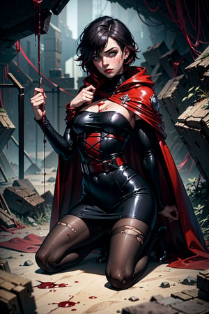 1girl, cowboy shot, solo, ruby rose, black dress, long sleeves, red cape, pantyhose, masterpiece, best quality, grey eyes, kneeling, bleeding, injured, blood, holding arm, one eye open, pain, torn clothes, 
dungeon, cave, monsters,ruby rose