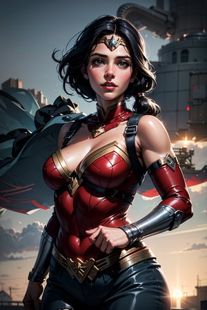 upper waist portrait of a gorgeous young woman , VRay, Drone photo, Oil painting, cowboy shot of a Uninspired portly Wonder Woman, Paragliding, Dancing, Black hair styled as Low ponytail, at Overcast, Overdetailed art, Light, glowwave, Motion blur, film grain