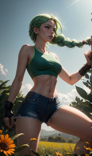 1girl, solo, soft lighting, (fighting stance), from below, green hair, blue eyes, nervous, braid, crop top, shorts, field