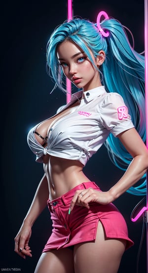 1girl, symmetrical face, beautiful face, perfect blue eyes, sparks, school_uniform, mini skirt, shirt button up, (female hair made of fine neon:1.5), (medium thin hair made of neon strands flowing down the body), (in a colorful candy world:1.2), gigantic breasts, cleavage, midriff, skinny, large hip, (sexy pose, dynamic pose), (strip club), ultra high resolution, 8k, HDr, art, high detail,pole_dancing, perfecteyes, detailed eyes, detailed face, bright face,3DMM