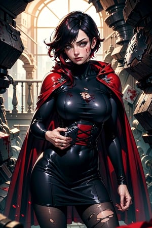 1girl, cowboy shot, solo, ruby rose, black dress, long sleeves, red cape, large breasts, pantyhose, masterpiece, best quality, grey eyes, bleeding, injured, blood, holding arm, one eye open, pain, torn clothes, 
dungeon, cave, monsters,ruby rose
Detailed hands, detailed eyes