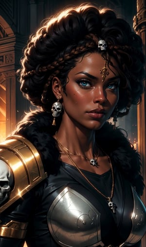 masterpiece, best quality, high detailed, realistic, sharp focus, artstation, hyper realism, hand drawn line art, intricate, beautiful warrior, ebony woman, brown iris, detailed eyes, black skin, muscular, toned muscles, afro and dreadlock hairstyle, bronze necklace, ancient tribe bronze armor, big gauntlet, skull and bones ornament, (fur accents), heroic pose, night, dark dungeon, epic scenery, volumetric lighting, by joe madureira