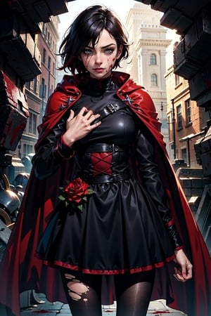 1girl, cowboy shot, solo, ruby rose, black dress, long sleeves, red cape, pantyhose, masterpiece, best quality, grey eyes, bleeding, injured, blood, holding arm, one eye open, pain, torn clothes, 
dungeon, cave, monsters,ruby rose
Detailed hands, detailed eyes