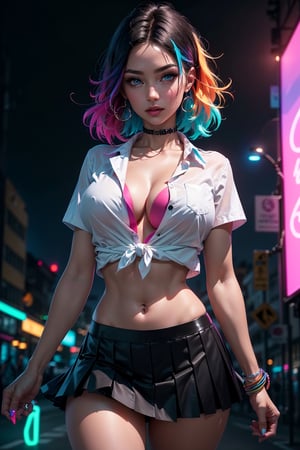 1girl, symmetrical face, beautiful face, perfect blue eyes, sparks, ((school_uniform, mini skirt,  pleated_skirt, white_shirt, shirt button up)), (female hair made of fine multicolored neon:1.5), (medium thin hair made of multicolored neon strands flowing down the body), (in a colorful candy world:1.2), huge breasts, cleavage, midriff, skinny, large hip, (sexy pose, dynamic pose), (strip club), ultra high resolution, 8k, HDr, art, high detail,High detailed 