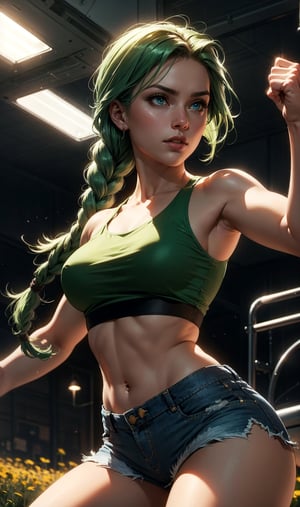 1girl, solo, soft lighting, (fighting stance), from below, green hair, blue eyes, nervous, braid, crop top, shorts, field