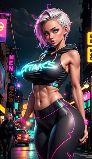 1 girl, beautiful face, perfect blue eyes, sparks, cropped hoodie, leggings, (female hair made of neon:1.5), (short thin hair made of neon strands flowing down the body), (in a street:1.2), (gigantic breasts:1.2), midriff, skinny, large hip, (sexy pose, dynamic pose), (strip club), ultra high resolution, 8k, HDR, art, high detail,