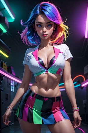 1girl, symmetrical face, beautiful face, perfect blue eyes, sparks, school_uniform, mini skirt,  pleated_skirt, white_shirt, shirt button up, (female hair made of fine multicolored neon:1.5), (medium thin hair made of multicolored neon strands flowing down the body), (in a colorful candy world:1.2), huge breasts, cleavage, midriff, skinny, large hip, (sexy pose, dynamic pose), (strip club), ultra high resolution, 8k, HDr, art, high detail,High detailed 