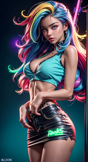 1girl, symmetrical face, beautiful face, perfect blue eyes, sparks, school_uniform, mini skirt, shirt button up, (female hair made of fine multicolored neon:1.5), (medium thin hair made of multicolored neon strands flowing down the body), (in a colorful candy world:1.2), gigantic breasts, cleavage, midriff, skinny, large hip, (sexy pose, dynamic pose), (strip club), ultra high resolution, 8k, HDr, art, high detail,pole_dancing, perfecteyes, detailed eyes, detailed face, bright face,3DMM