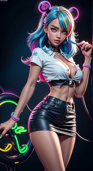 1girl, symmetrical face, beautiful face, perfect blue eyes, sparks, school_uniform, mini skirt, shirt button up, (female hair made of fine multicolored neon:1.5), (medium thin hair made of multicolored neon strands flowing down the body), (in a colorful candy world:1.2), gigantic breasts, cleavage, midriff, skinny, large hip, (sexy pose, dynamic pose), (strip club), ultra high resolution, 8k, HDr, art, high detail,pole_dancing, perfecteyes, detailed eyes, detailed face, bright face,3DMM