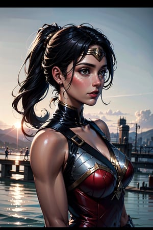 upper waist portrait of a gorgeous young woman , VRay, Drone photo, Oil painting, side view shot of a Uninspired portly Wonder Woman, Paragliding, Dancing, Black hair styled as Low ponytail, at Overcast, Overdetailed art, Light, glowwave, Motion blur, film grain
