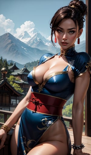 masterpiece, best quality, realistic, sharp focus, detailed, 1girl, female focus, portrait of beautiful chinese woman, brown hair, blue iris, earrings, double hair bun, bun cover, blue chinese clothes, big cleavage, shiny skin, short sleeves, eyeshadow, makeup, closed mouth, sash, medium breasts, bracelet, spikes, short hair, big hips, toned muscles, (muscular legs:1), kungfu, chunli from street fighter, village, mountain, detailed background, close up, absurdres, by akiman