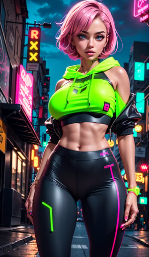 1 girl, beautiful face, perfect blue eyes, sparks, cropped hoodie, leggings, (female hair made of neon:1.5), (short thin hair made of neon strands flowing down the body), (in a street:1.2), (gigantic breasts:1.2), midriff, skinny, large hip, (sexy pose, dynamic pose), (strip club), ultra high resolution, 8k, HDR, art, high detail,