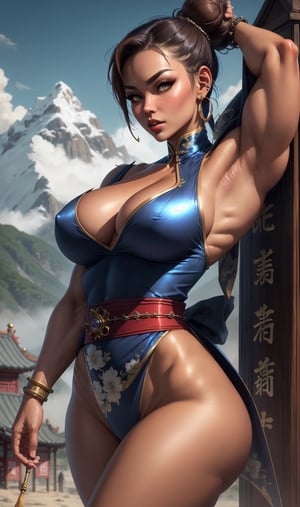 masterpiece, best quality, realistic, sharp focus, detailed, 1girl, female focus, portrait of beautiful chinese woman, brown hair, blue iris, earrings, double hair bun, bun cover, blue chinese clothes, big cleavage, shiny skin, short sleeves, eyeshadow, makeup, closed mouth, sash, medium breasts, bracelet, spikes, short hair, ((big hips, toned muscles)), (muscular legs:1), kungfu, chunli from street fighter, village, mountain, detailed background, close up, absurdres, by akiman,High detailed 