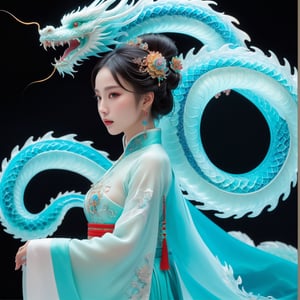 *8k Masterpiece, Top Quality, Best Quality, Official Art, (Beauty and Aesthetics: 1.3), Extremely Detailed, (Fractal Art: 1.3), Colorful, Ice and Chinese Dragon, Serpentine Body, Claw, Cyan and 1 Woman, Han Woman's Media, Hanfu, Cyan