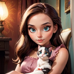 a beautiful girl with a cute cat, detailed eyes, detailed lips, long eyelashes, intricate hair, beautiful detailed portrait, highly detailed, 8k, photorealistic, professional digital painting, warm color palette, soft lighting, serene expression, delicate features, elegant dress, sitting in a cozy interior, pet cat on her lap, feline companion, portrait style, dramatic lighting, stunning realism