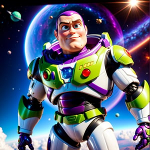 a heroic toy space ranger, buzz lightyear, ultra detailed, 3d render, photorealistic, cinematic lighting, dynamic pose, dramatic camera angle, cosmic space background, nebula clouds, shiny metallic armor, bold primary colors, intricate machinery, futuristic technology, highly polished surfaces, hyper-realistic, 8k, cinematic quality