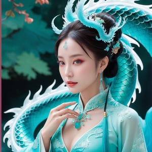 *8k Masterpiece, Top Quality, Best Quality, Official Art, (Beauty and Aesthetics: 1.3), Extremely Detailed, (Fractal Art: 1.3), Colorful, Ice and Chinese Dragon, Serpentine Body, Claw, Cyan and 1 Woman, Han Woman's Media, Hanfu, Cyan