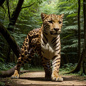 (best quality,4k,8k,highres,masterpiece:1.2),vibrant colors,lush green forest,jaguar in its natural habitat,wildlife close-up,nature's camouflage,breathtaking scenery,pristine environment,majestic creature,untouched wilderness,intricate foliage,stealthy predator,serene atmosphere,first light of dawn,sunlight filtering through trees,silent movement of the jaguar,fierce and determined gaze,hidden treasures of the forest,unspoiled beauty,subtle play of shadows,graceful and agile movements,peaceful coexistence with nature,Masterpiece