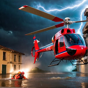 (best quality,photorealistic:1.2),Jesus in a helicopter saving a person,heroic rescue,dramatic scene,nighttime,high-altitude,spotlight,emergency situation, intense emotion,rescuer's determined expression,swirling rotor blades,powerful wind,fast-moving aircraft,cityscape in the background,fierce storm,heavy rain and lightning,life-threatening danger,streets flooded,flash flood warning,strewn debris,desperate cries for help,faith and hope,divine intervention,saving a life,transcendent,awe-inspiring,life-saving mission,vivid colors,Hero's Journey,superhuman abilities,act of selflessness,strength and bravery,humanitarian effort