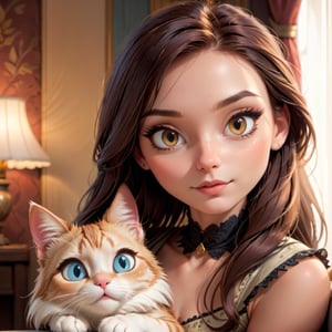 a beautiful girl with a cute cat, detailed eyes, detailed lips, long eyelashes, intricate hair, beautiful detailed portrait, highly detailed, 8k, photorealistic, professional digital painting, warm color palette, soft lighting, serene expression, delicate features, elegant dress, sitting in a cozy interior, pet cat on her lap, feline companion, portrait style, dramatic lighting, stunning realism