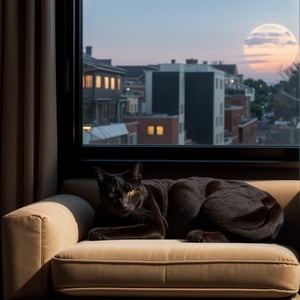 A sleepy cat on a dark sofa at night, (best quality,4k,8k,highres,masterpiece:1.2), ultra-detailed, (realistic,photorealistic,photo-realistic:1.37), soft fur, amber eyes, moonlight streaming through the window, cozy atmosphere, calm and peaceful mood, velvet cushions, faint shadows, tranquility, minimalistic aesthetic, warm color tones, gentle lighting
