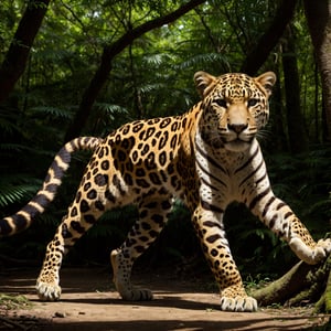 (best quality,4k,8k,highres,masterpiece:1.2),vibrant colors,lush green forest,jaguar in its natural habitat,wildlife close-up,nature's camouflage,breathtaking scenery,pristine environment,majestic creature,untouched wilderness,intricate foliage,stealthy predator,serene atmosphere,first light of dawn,sunlight filtering through trees,silent movement of the jaguar,fierce and determined gaze,hidden treasures of the forest,unspoiled beauty,subtle play of shadows,graceful and agile movements,peaceful coexistence with nature