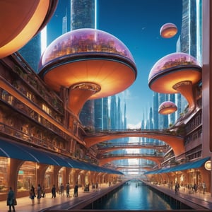 Create futuristic hyperealist works of art, Imagine a floating city in the sky, with complex architectural structures and advanced technology. Paint this futuristic city with a wealth of detail, capturing the bright lights, suspended platforms and flying vehicles that crisscross the skies.  