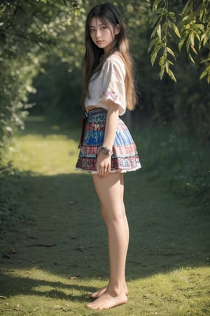  (masterpiece, 8k, HDR, Masterpiece, photorealistic, RAW photo, best quality, sharp:1),high-resolution photograph, A 18 yo little tween girl, little hippie-girl with hot body, from side, full body, european-japanese, 20yo, tribal attrie, folklore, By David Dubnitskiy,