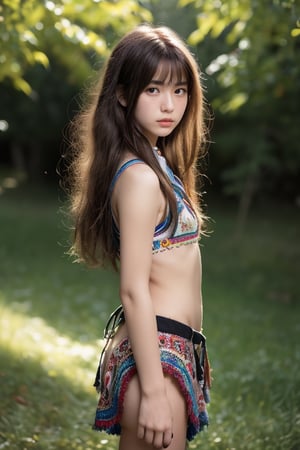  (masterpiece, 8k, HDR, Masterpiece, photorealistic, RAW photo, best quality, sharp:1),high-resolution photograph, A 18 yo little tween girl, little hippie-girl with hot body, from side, full body, european-japanese, 18yo, tribal attrie, folklore, By David Dubnitskiy,