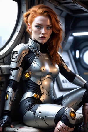  A FULL-LENGTH PORTRAIT OF a sexy ginger female, beautyful rendered face, alluring eyes, cyberpunk style, a tired beautiful cyberpunk female, female captain of space pirates in a  worn full fight suit, ((full bodysuit)), she sits and rests after a difficult boarding of a merchant spaceship, Watercolor, trending on artstation, sharp focus, studio photo, intricate details, highly detailed, by greg rutkowski, more detail XL, hyper detailed, realistic, oil painting, by julie bell, frank frazetta, cinematic lighting,spread legs,Long Legs and Hot Body,hubggirl, FuturEvoLab-Lora-Cyberpunk