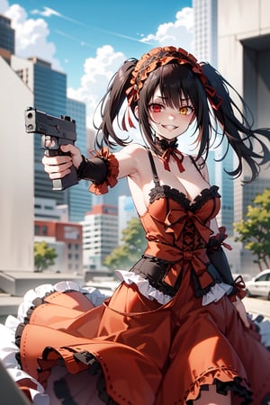absurdres, highres, ultra detailed, 1girl, solo, aakurumi, 1girl, long hair, twintails, hairband, heterochromia, medium breasts, cleavage, black choker, red ribbon, bare shoulders, gothic, red dress, red bow, detached sleeves, red skirt, outdoors, skirt hold, evil smile, grin, handgun, aiming, holding gun, arms at sides