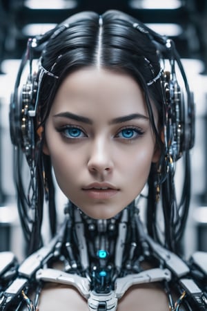 ultra detailed photo of a cute young woman, large breasts, visible detailed brain, muscles cable wires, biopunk, cybernetic, cyberpunk, white marble bust, 8K  portrait shot robot style cybernetic cyborg girl face as if designed to look at the camera,ghost still, realistic (((detailed eyes)))