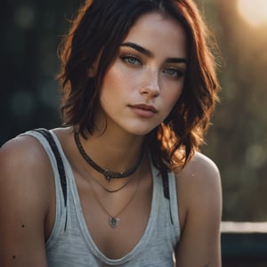 photo, rule of thirds, dramatic lighting, medium hair, detailed face, detailed nose, woman wearing tank top, freckles, collar or choker, smirk, tattoo, intricate background ,realism,realistic,raw,analog,woman,portrait,photorealistic,analog,realism