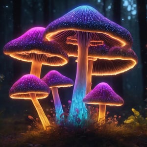 a glowing magical mushroom in the style of chalkdust, 8k, releasing neon glowing spores, digital art, high quality, highly detailed