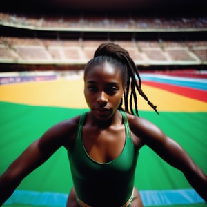 Report photo of a stylish and young woman gymnast from Brazil, age 25, athletic build, long dreadlocks, dark skin, green eyes. full-length photo in a sports stadium among crowded stands, illuminated by sunlight, shot from below on a Bolex H16 camera, on Ektar 100 film, medium grain. photo style by Walter Evans
