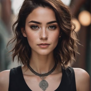 photo, rule of thirds, dramatic lighting, medium hair, detailed face, detailed nose, woman wearing tank top, freckles, collar or choker, smirk, tattoo, intricate background ,realism,realistic,raw,analog,woman,portrait,photorealistic,analog,realism