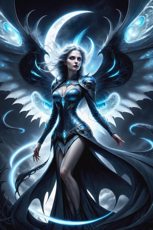 hyper detailed masterpiece, dynamic realistic digital art, awesome quality,DonMDr4g0nXL,a vampiric woman with energy wings,wings made of coils and tendrils of pure light blueish-grey energy, brizzling and sizzling,moon, moonlit