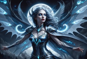 hyper detailed masterpiece, dynamic realistic digital art, awesome quality,DonMDr4g0nXL,a vampiric woman with energy wings,wings made of coils and tendrils of pure light blueish-grey energy, brizzling and sizzling,moon, moonlit